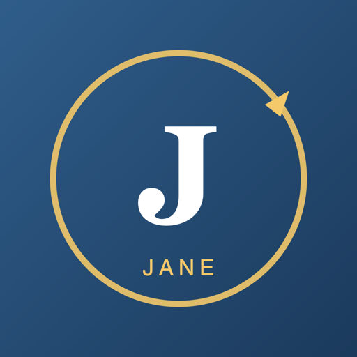 Jane's avatar: a serif J on navy, circled by a gold ring with a small plane